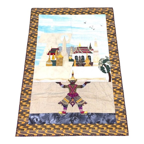 Handmade Quilt Thank You Thailand Signed Hmong Handmade Man Holding World 52x36 - Picture 1 of 7